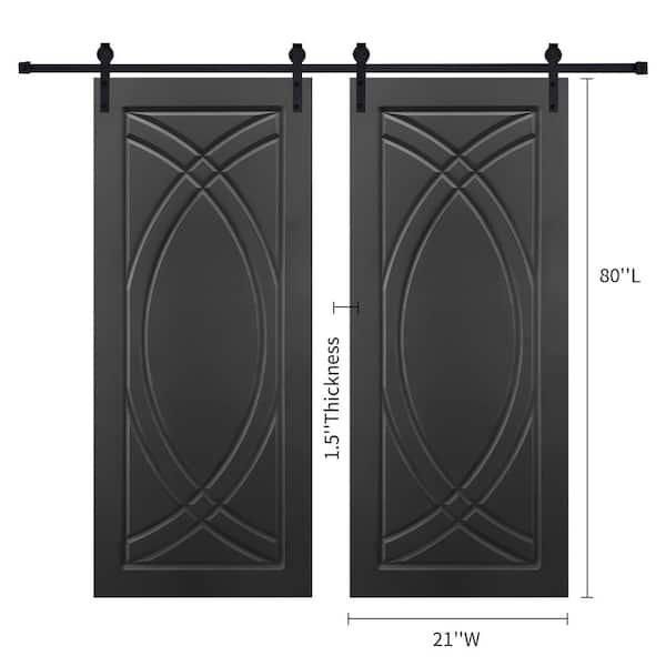 Double Modern Art Panel 21 in. x 80 in. MDF Black Barn Sliding Door With Hardware kit