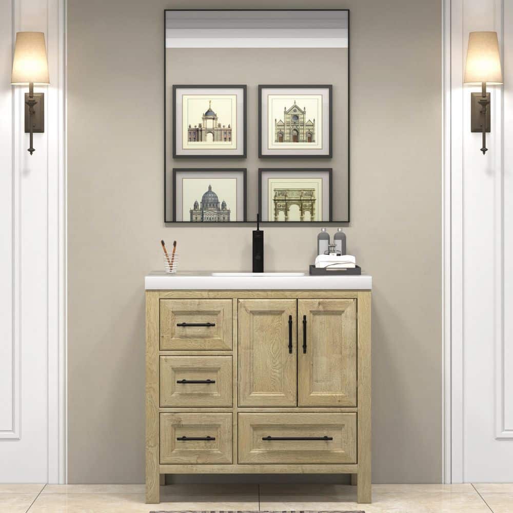 VIV 36 in. W x 20 in. D x 35 in. H Single Sink Freestanding Bath Vanity in Teak Oak with White Acrylic Top price history on PriceWatchPro