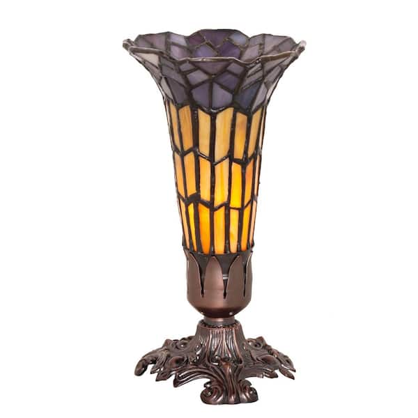 MEYDA Pond Lily 8 in. Mahogany Bronze Victorian Mini Table Lamp with Multicolored Stained Glass Shade