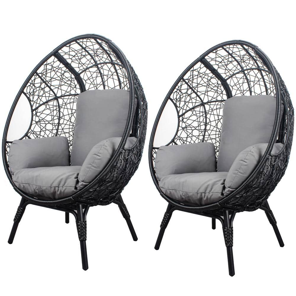 Black 2-Piece Wicker Outdoor Lounge Chair, Patio PE Rattan Egg Chair with G