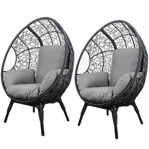 Unbranded Black 2-Piece Wicker Outdoor Lounge Chair, Patio PE Rattan Egg Chair with Grey Cushions for Garden, Lawn, Backyard