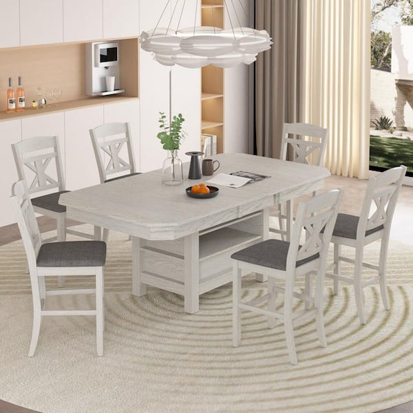 Gray Counter Height Wood Dining Table Set for 6,7-Piece Set with Leaf Extension & Storage, Farmhouse Kitchen Table Set