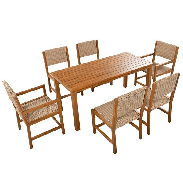 maocao hoom Brown 7-Piece Acacia Wood and Rattan Outdoor Dining Table and Chairs Set