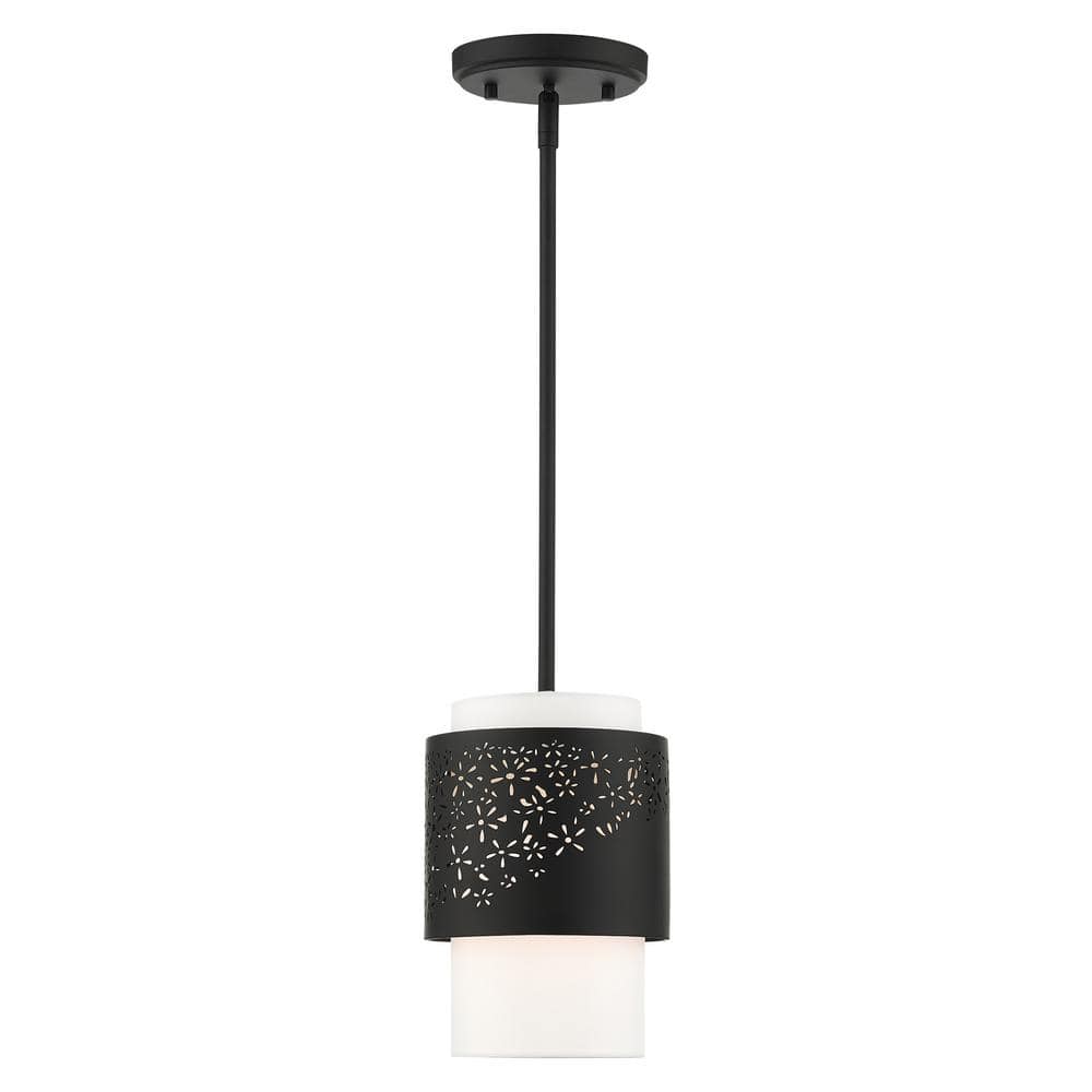 Noria Black Steel Drum Pendant with Off-White Fabric Shade