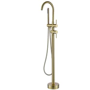 2-Handle Floor Mount Freestanding Tub Faucet with Hand Shower in Brushed Gold