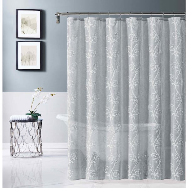 Dainty Home Stella 70 in. x 72 in. Silver Embroidered Shower Curtain