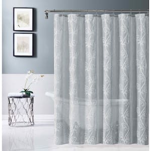 Black Gray Silver Geometric Flocked Squares Clear Sheer Fabric Shower Curtain 