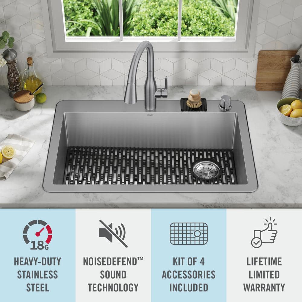 Delta 33" Stainless Steel Drop-In Single Bowl Kitchen Sink with Accessories