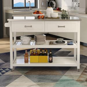 Autoll White Kitchen Island with Stainless Steel Top and 2 Drawers