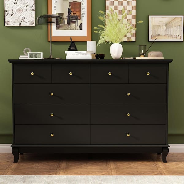 FUFU&GAGA Black Paint 10-Drawer Wood Double 35.4 in. H x 55.1 in. W x 15.7 in. D Dresser Storage Cabinet