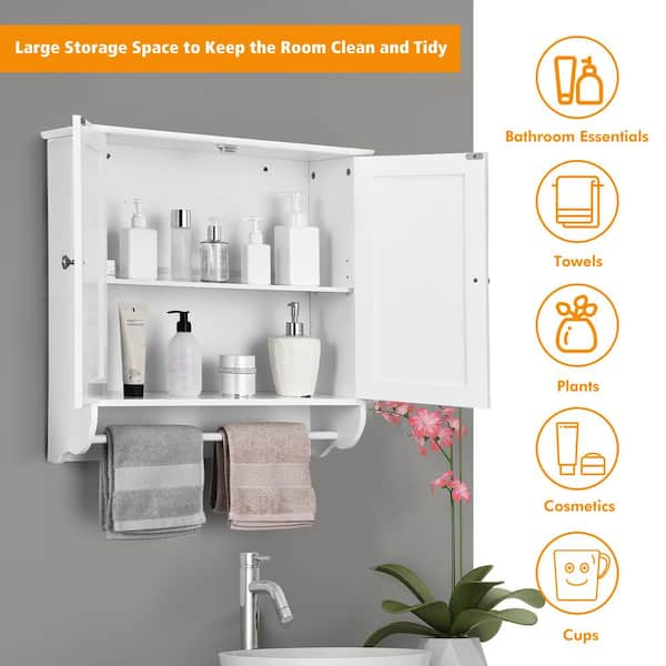 Costway 24 in. W x 24 in. H White Wall Surface Mounted Bathroom Medicine Cabinet without Mirror Storage Cupboard w/Towel Bar