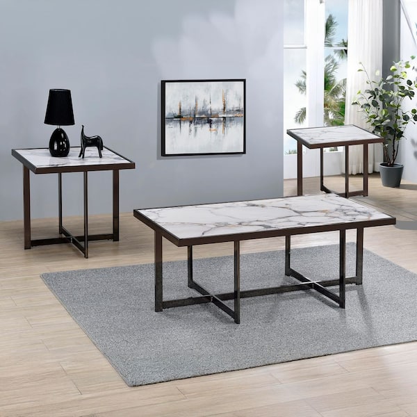 Kayley 47 in. White Rectangle Stone Coffee Table and 2 End Tables