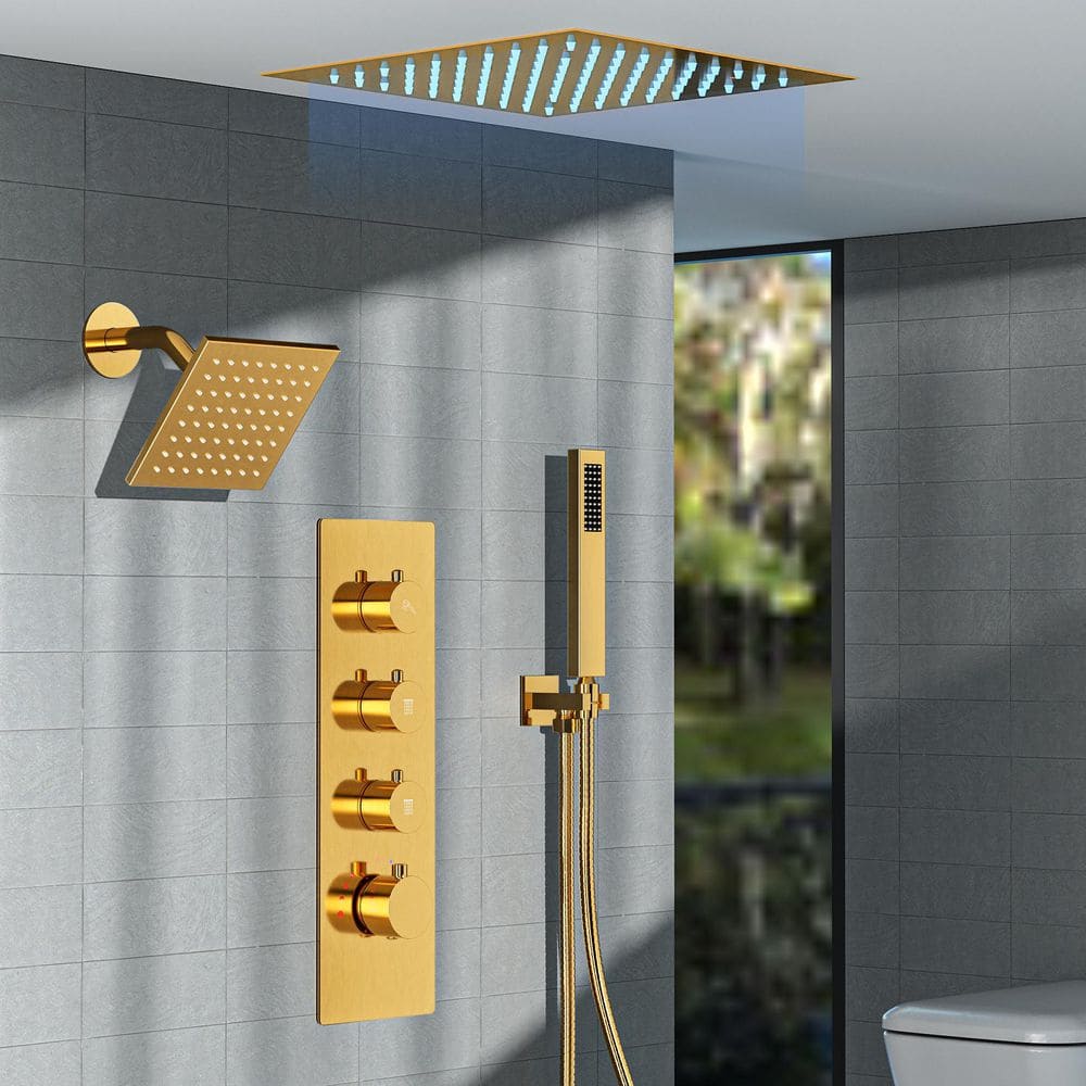 Brushed Gold LED Thermostatic Shower System with 12" Rainfall Head and Body Jets