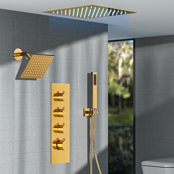 EVERSTEIN Chromotherapy 7-Spray Square 12in. Rain LED Shower System with 6in. Shower Head Handheld shower in Brushed Gold 2.5 GPM