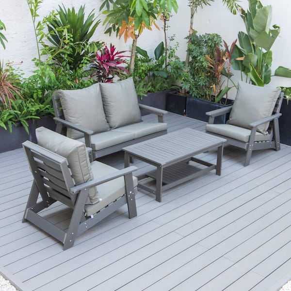 Leisuremod Alpine 4-Piece Poly Lumber Weather Resistant Patio Conversation Set with Taupe Cushions and Coffee Table