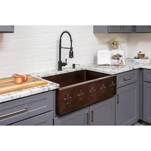 Undermount Copper 33 in. 0-Hole Single Bowl Kitchen Sink with Fleur De Lis Design and Drain in Oil Rubbed Bronze