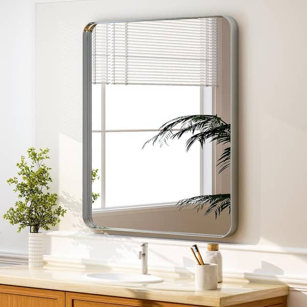 XRAMFY 30 in. W x 40 in. H Rectangular Modern Aluminum Framed Rounded Silver Wall Mirror