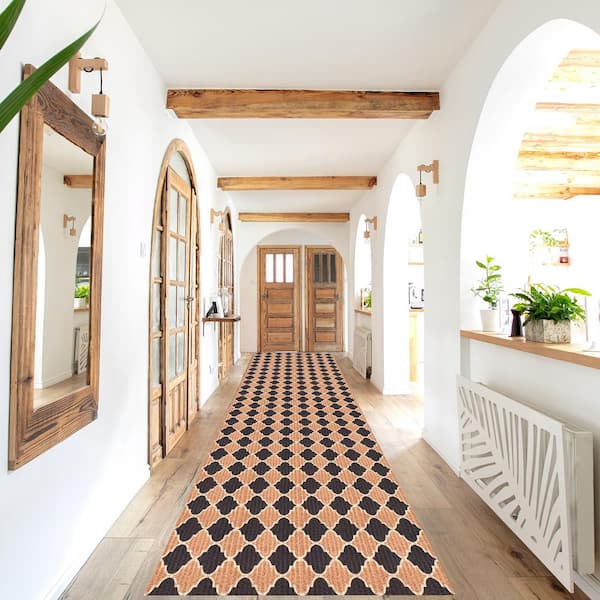 Heavy Duty Black and Beige 36 in. W x 12 ft. L Indoor/Outdoor Trellis Runner Rug