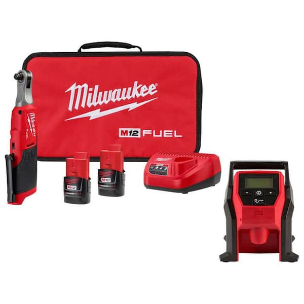 Milwaukee M12 FUEL 12V Lithium Ion Brushless Cordless High Speed 3 8 in. Ratchet Kit W M12 Compact Inflator 2567 22 2475 20 The Home Depot