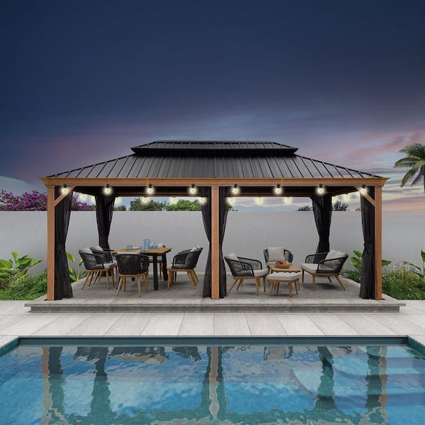12 ft. x 20 ft.Wood Grain Patio Outdoor Gazebo for Backyard Hardtop Aluminum Frame with Hooks, Upgrade Netting 24-Lights