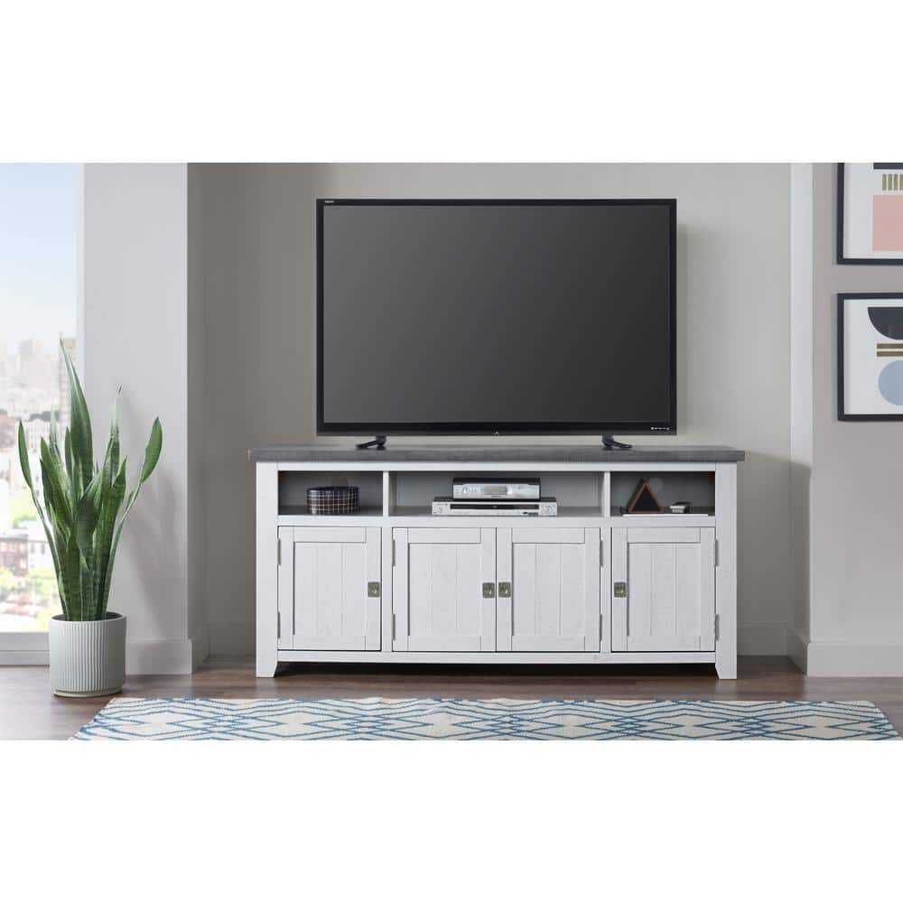 Rustic Farmhouse 65" Solid Pine TV Stand with Cabinet, White Stain and Grey