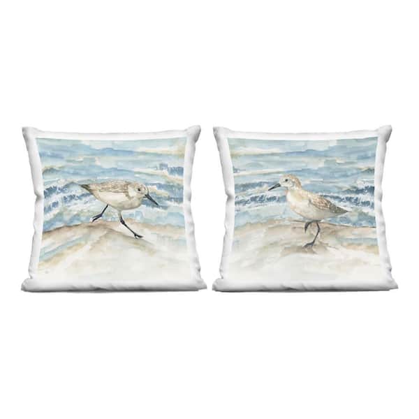 Sandpipers Treading Beach Shore Blue Abstract Polyester 18 in. x 18 in. Throw Pillow Set of 2