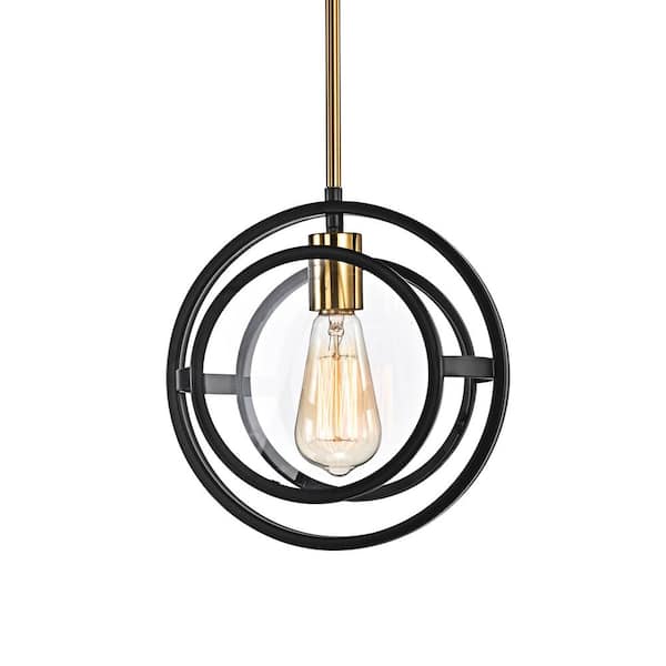 Edvivi Orbit 1-Light Unique Mid-Century Modern Black and Antique Gold Circular Mini Pendant with Clear Glass Panel