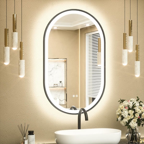 20 in. W x 32 in. H Novelty Framed Bathroom Mirrors Wall Mount LED Bathroom Vanity Mirror in Black