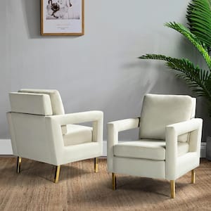 Anika Modern Ivory Comfy Velvet Arm Chair with Stainless Steel Legs and Square Open-framed Arm (Set of 2)