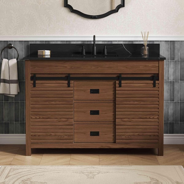 DELUXE DL LIVING Harris 49 in. Single Sink Freestanding Brown Bath Vanity with Black Sintered Stone Top and Backsplash Assembled
