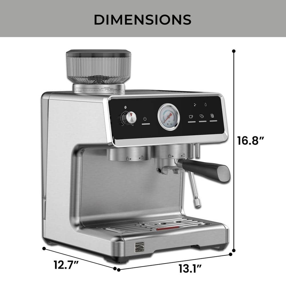 Elite Auto-Tamp Espresso Machine With Grinder and Frother Semi-Automatic 15 Bar Italian Pump 2-Cup Silver/Stainless - Thumbnail 4