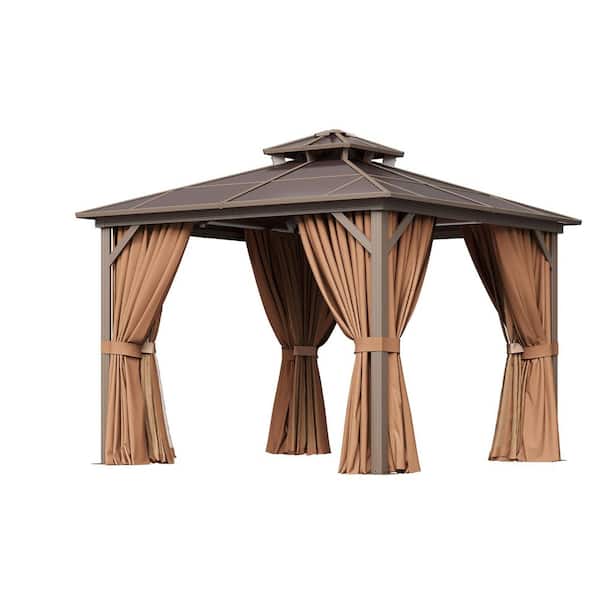 14 ft. x 10 ft. Aluminum Patio Gazebo with Double Polycarbonate Roof, Curtains, Netting, and Hanging Hooks