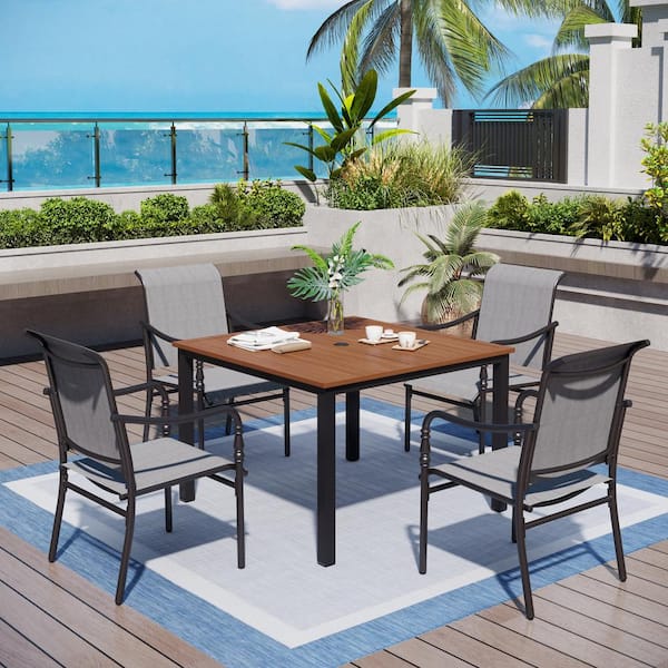 PHI VILLA Black 5-Piece Metal Outdoor Patio Dining Set With Wood-Look ...