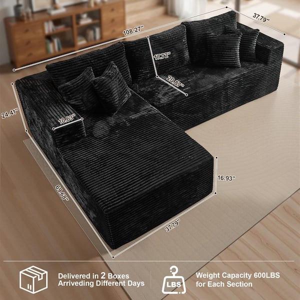 DIMO 108 in. Wide Arm 2-Piece Modern Plush Corduroy L-Shape Modular Sectional Sofa in. Black with Left Chaise
