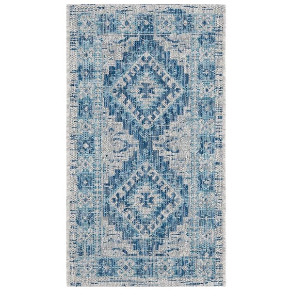 Courtyard Light Gray/Blue 2 ft. x 4 ft. Border Aztec Medallion Indoor/Outdoor Area Rug