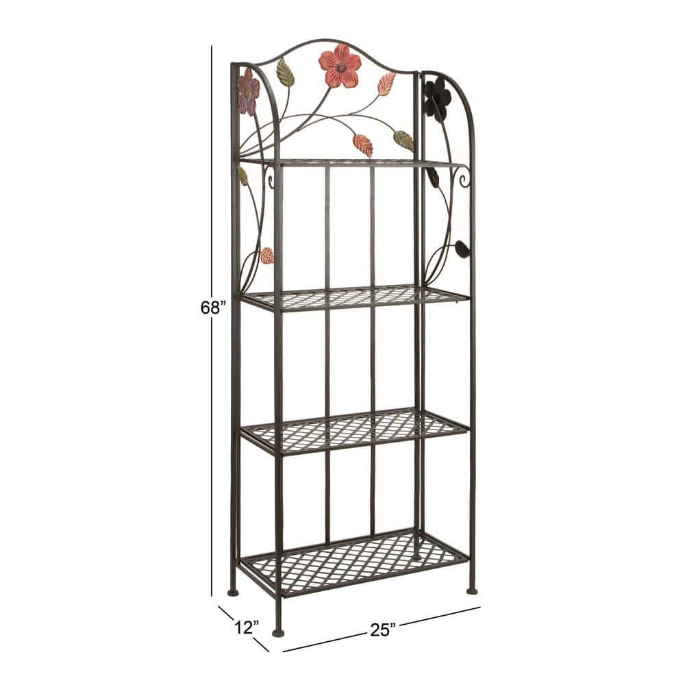 Black Metal Floral Tall Folding Bakers Rack with 4 Shelves