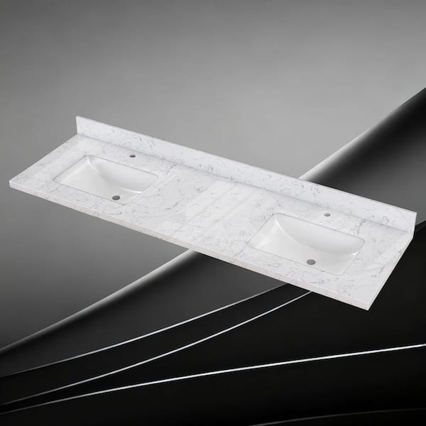 66 in. W x 22 in. D Engineered Stone Rectangular Double Sink Vanity Top in Carrara White with 4 in. H Backsplash