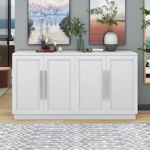 White Wood 60 in. W Sideboard with Adjustable Shelves and Silver Handles, Large Storage Space Buffet Cabinet