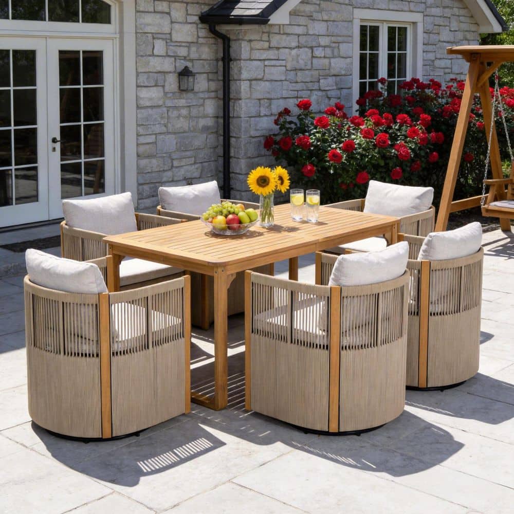 Nasir 7-Piece Solid Wood Patio Outdoor Dining Set with Beige Cushions, Swivel Chairs with Rope Weave, Light Teak + Beige