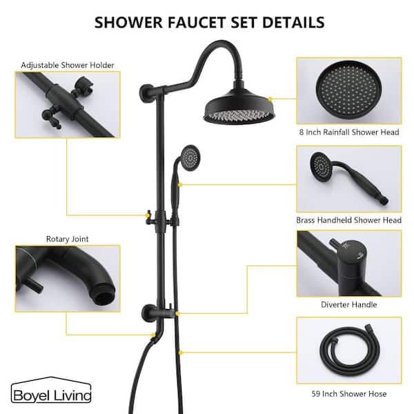 Boyel Living Exposed Pipe Complete Shower System 1-Spray Patterns with 2.5 GPM 8 in. Wall Mount Dual Shower Heads in Matte Black