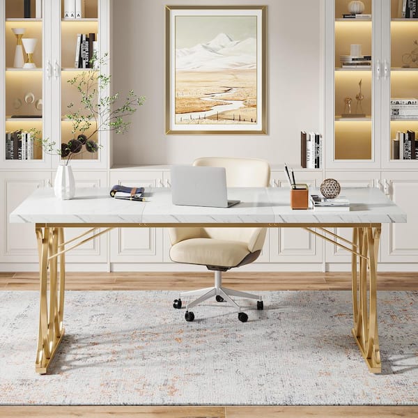 55 Modern White Computer Desk Rectangular Home Office Desk with Pedestal  Base | Homary