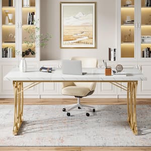 Halseey 63 in. Rectangular White Gold Large Wood Computer Desk, Modern Executive Office Desk Conference Table