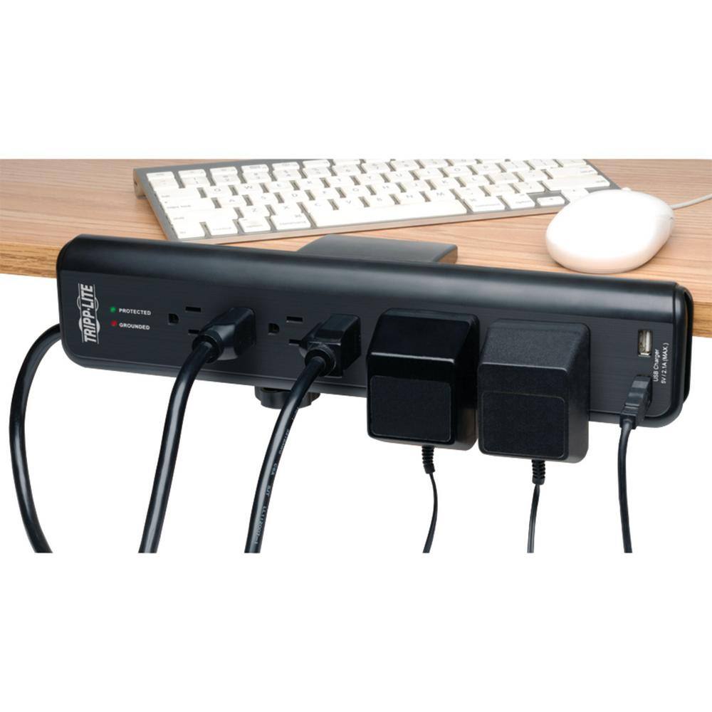 Black 6-Outlet Surge Protector with USB Ports and Clamps
