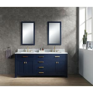 Madison 72 in. Bath Vanity in Monarch Blue with Carrara White Marble Vanity Top with White Basins and Faucet