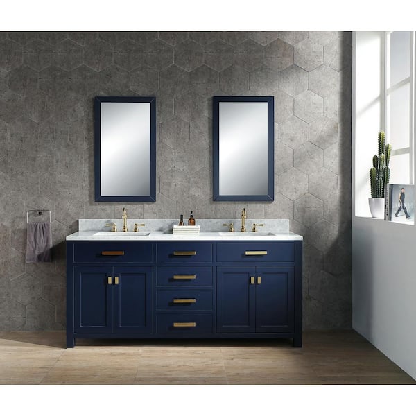 Water Creation Madison 72 in.W x 21.5 in.D x 34 in.H Double Sink Bath Vanity in Monarch Blue with Carrara White Marble Top and Faucets