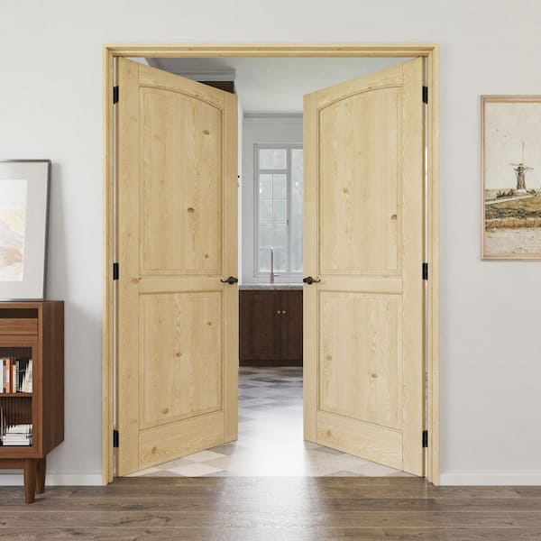 60 in. x 80 in. 2-Panel Universal Solid Core Unfinished Pine Wood Double Prehung Interior Door with Quick Assemble Jamb