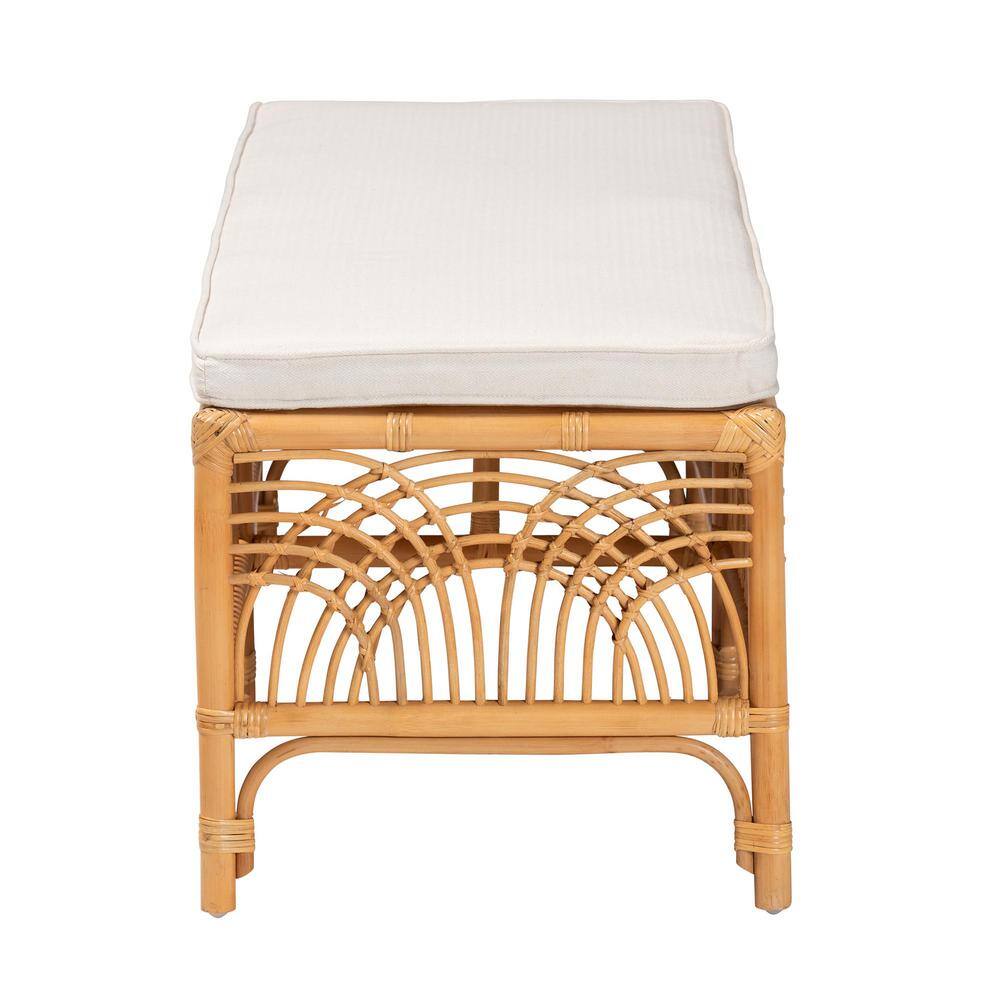 Materra Natural Brown Rattan Bench with Plush White Cushion