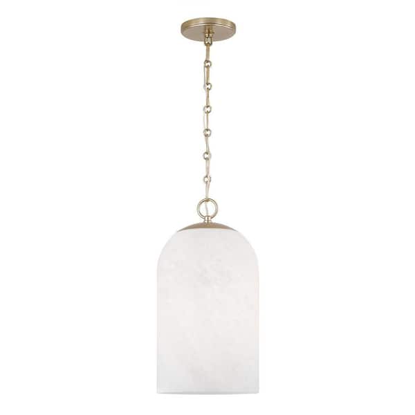 Cleo 100-Watt 1-Light Matte Brass Capsule Pendant Light with Faux Alabaster Glass and No Bulbs Included