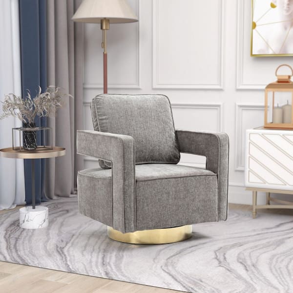 ANBAZAR Gray Chenille Arm Chair with Stainless Steel Swivel Base (Set of 1)
