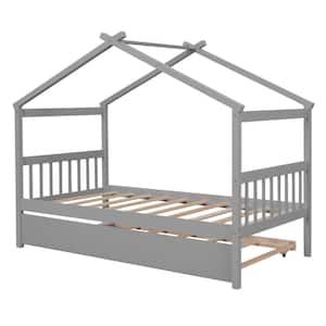 House-Shaped Gray Twin Bed with Trundle Wooden Twin House Bed for Kids Platform Bed Frame With Headboard and Footboard